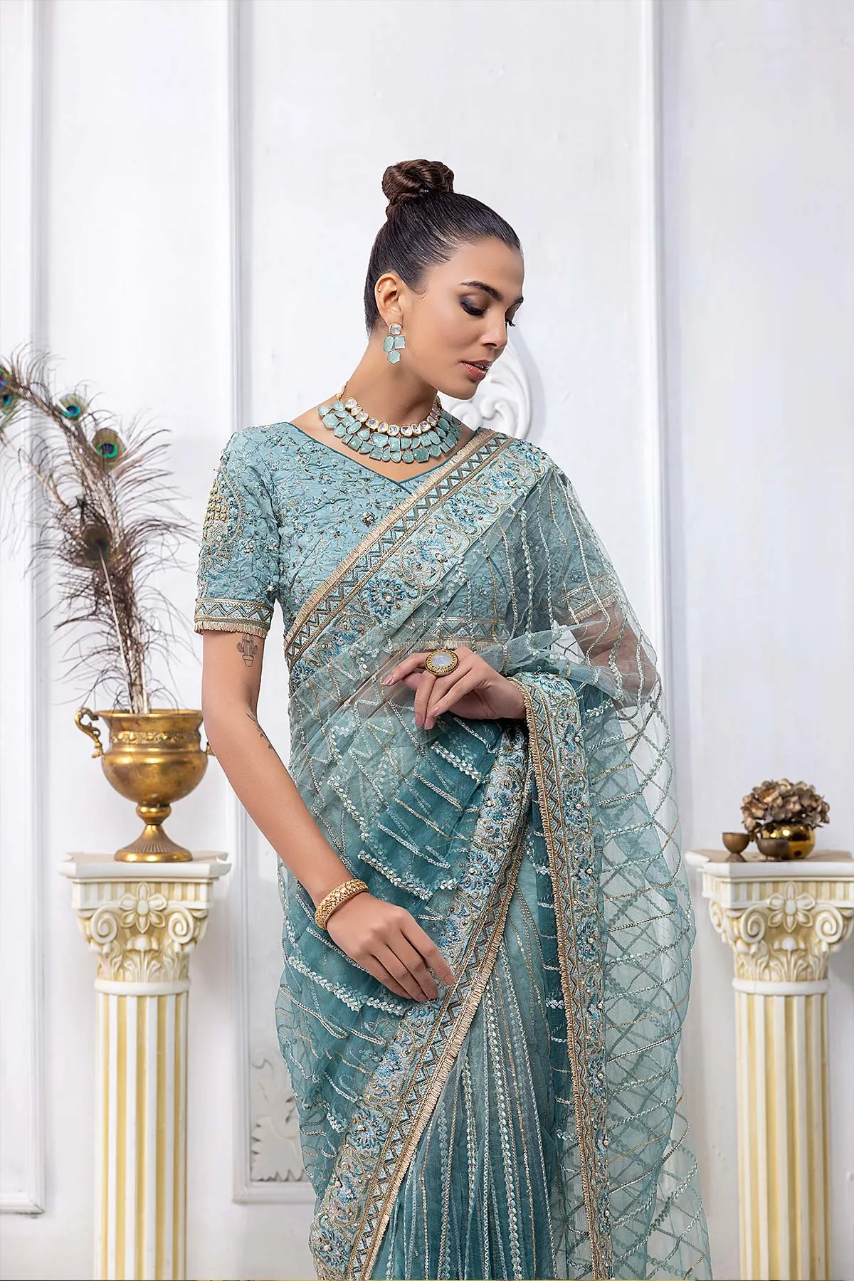 3 Pc Embroidered Raw Silk Saree STM22-03