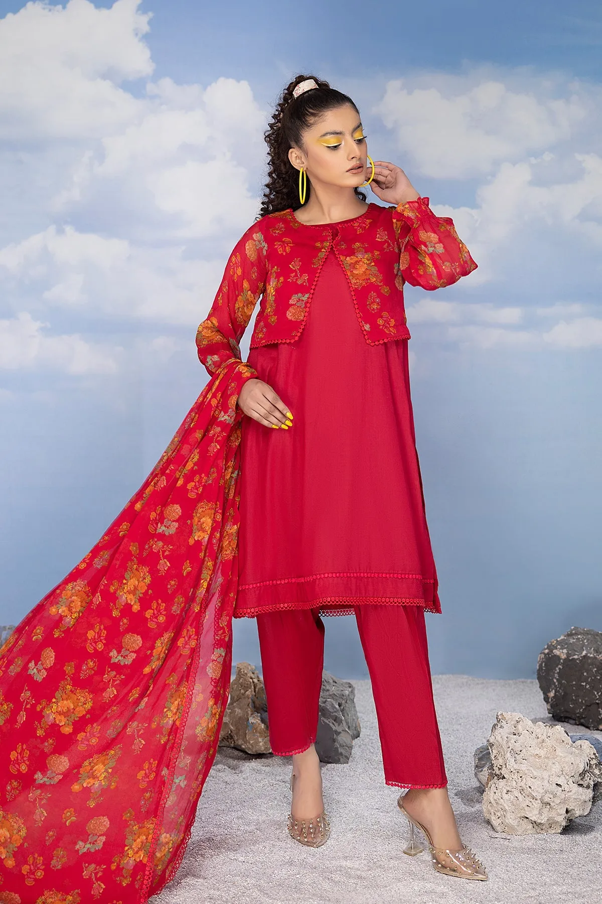 4-Pc Chiffon Jacket With Cotton Inner Chiffon Dupatta and Cotton Trouser CPV23-04