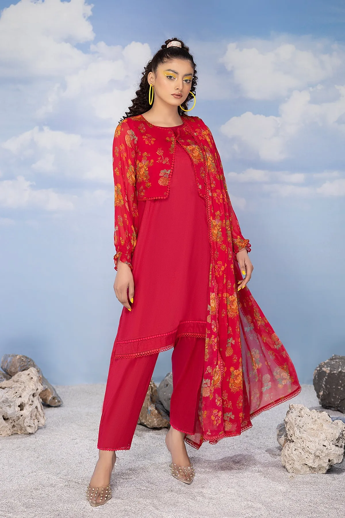 4-Pc Chiffon Jacket With Cotton Inner Chiffon Dupatta and Cotton Trouser CPV23-04