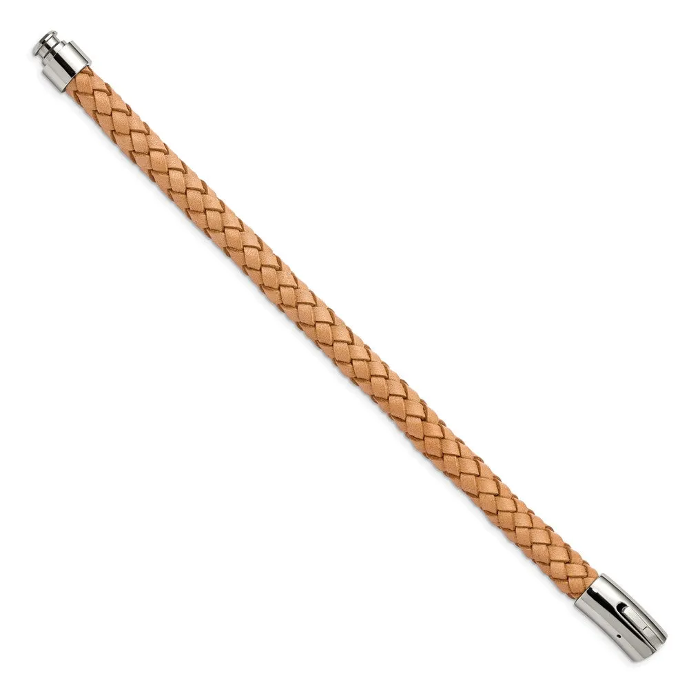 8mm Stainless Steel, Light Tan or Brown Leather Woven Bracelet, 8.5 In