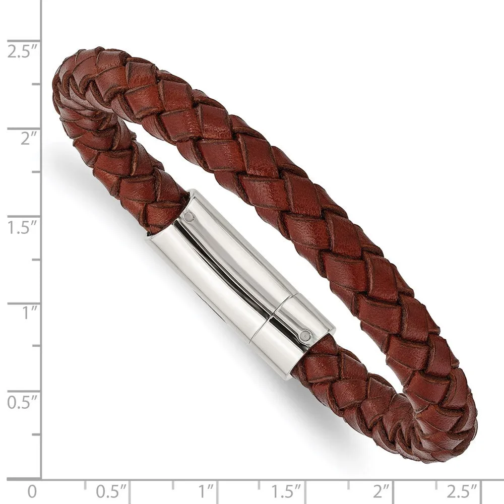 8mm Stainless Steel, Light Tan or Brown Leather Woven Bracelet, 8.5 In