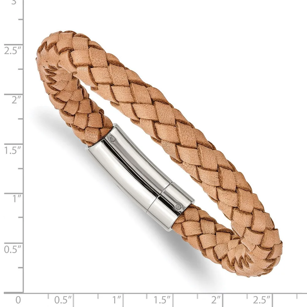 8mm Stainless Steel, Light Tan or Brown Leather Woven Bracelet, 8.5 In