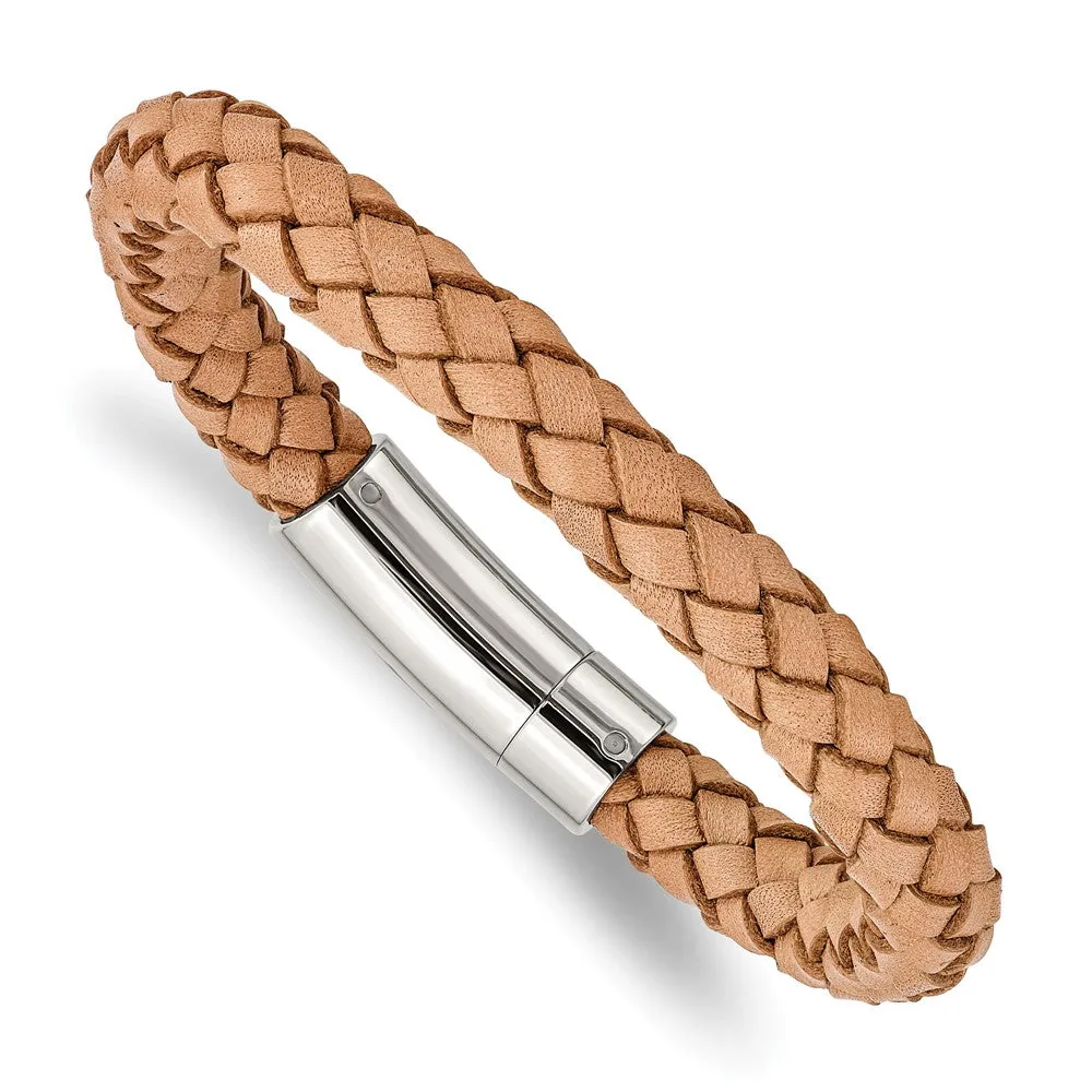 8mm Stainless Steel, Light Tan or Brown Leather Woven Bracelet, 8.5 In