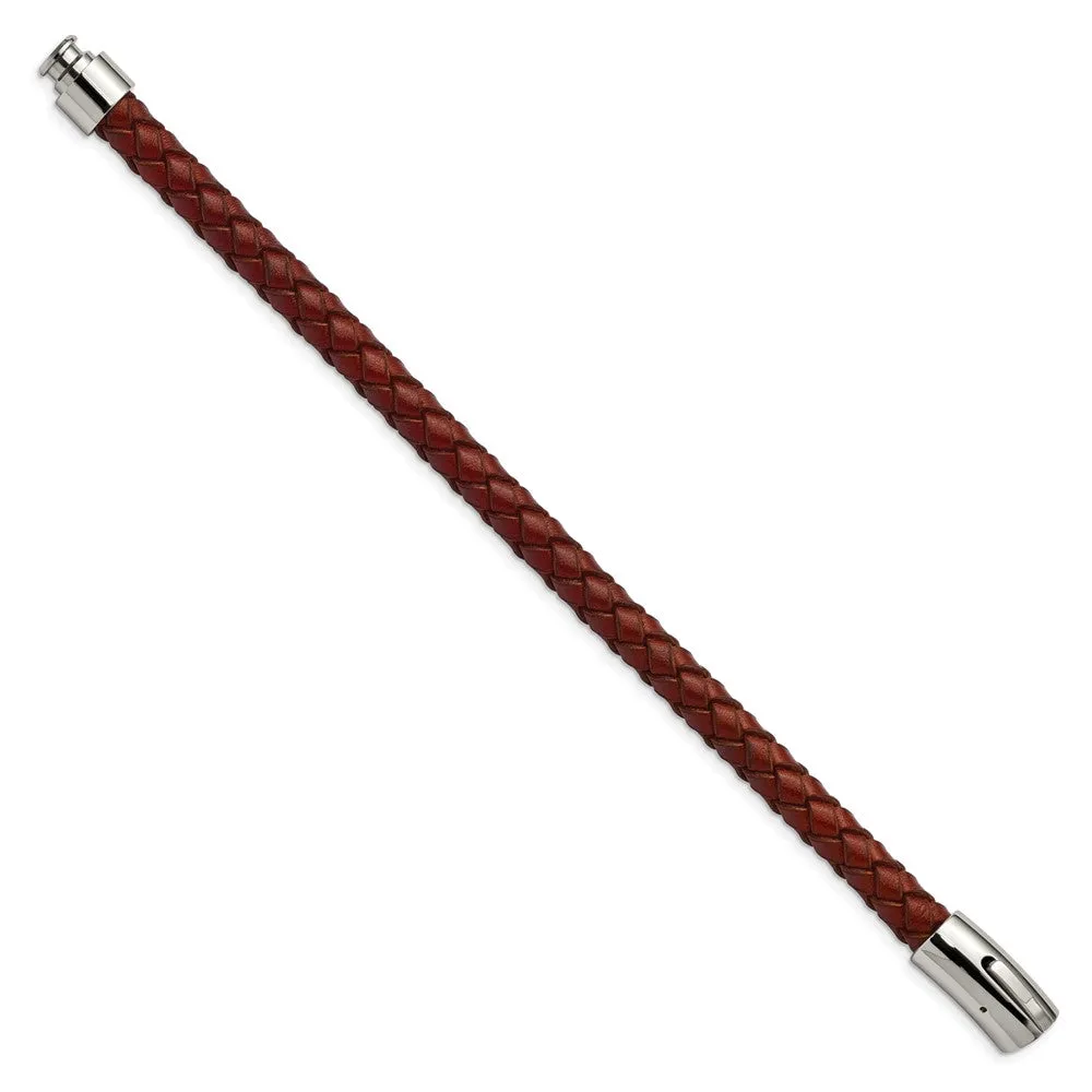 8mm Stainless Steel, Light Tan or Brown Leather Woven Bracelet, 8.5 In