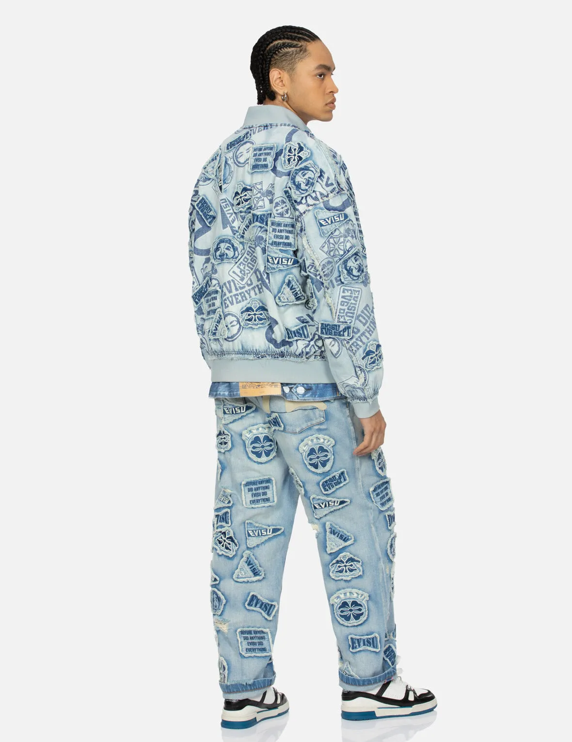 Allover Logo and Appliqué Loose Fit Denim Bomber Jacket