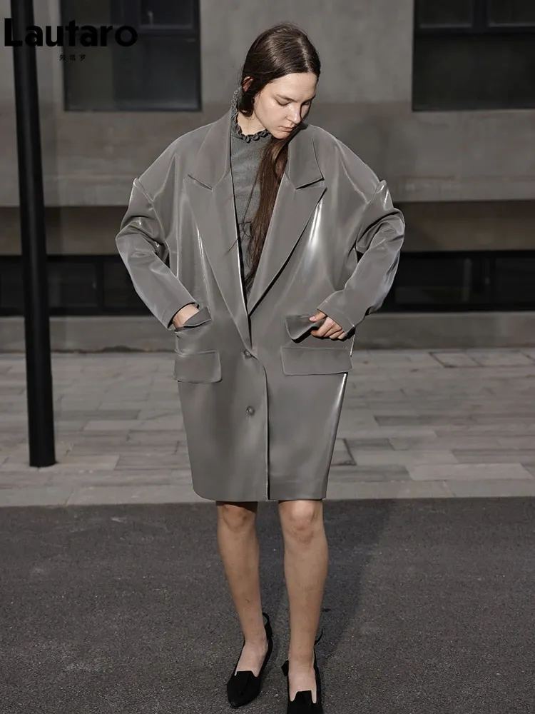 Ashore Leisure Shop Spring Autumn Oversized Cool Grey Shiny Patent Leather Cocoon Coat Women Luxury Designer Clothing Runway Fas