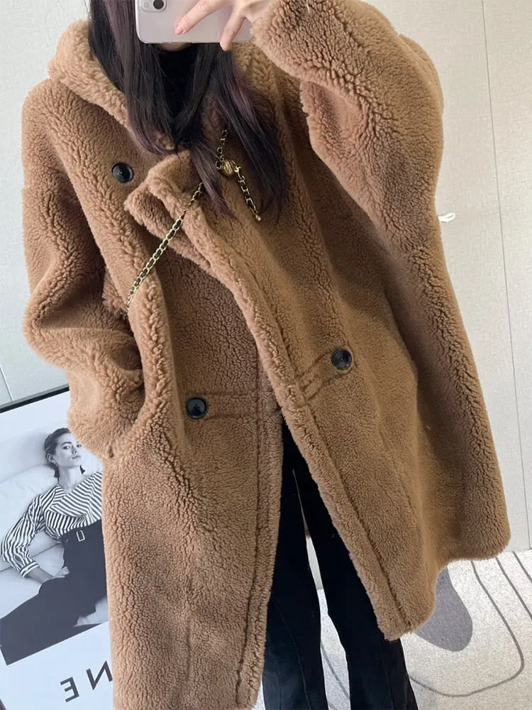 Ashore shop Autumn Winter Long Oversized Brown White Blue Thick Warm Soft Teddy Coat Women with Hood Stylish Faux Fur OverCoat 2