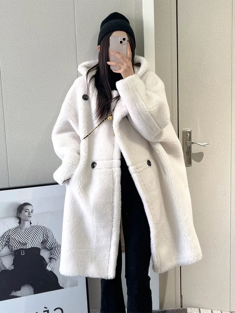 Ashore shop Autumn Winter Long Oversized Brown White Blue Thick Warm Soft Teddy Coat Women with Hood Stylish Faux Fur OverCoat 2