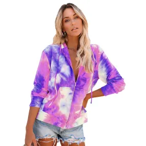 Ashore Shop Tie Dye Zip-up Hoodies Women Pockets Drawstring Hooded Coat Casual Rainbow Hoodie Women Long Sleeve Hoddies Top