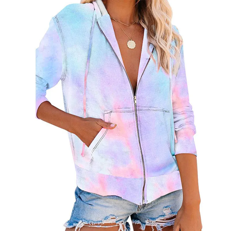 Ashore Shop Tie Dye Zip-up Hoodies Women Pockets Drawstring Hooded Coat Casual Rainbow Hoodie Women Long Sleeve Hoddies Top