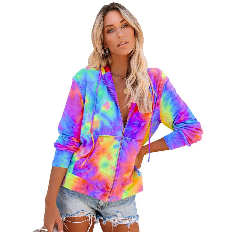 Ashore Shop Tie Dye Zip-up Hoodies Women Pockets Drawstring Hooded Coat Casual Rainbow Hoodie Women Long Sleeve Hoddies Top