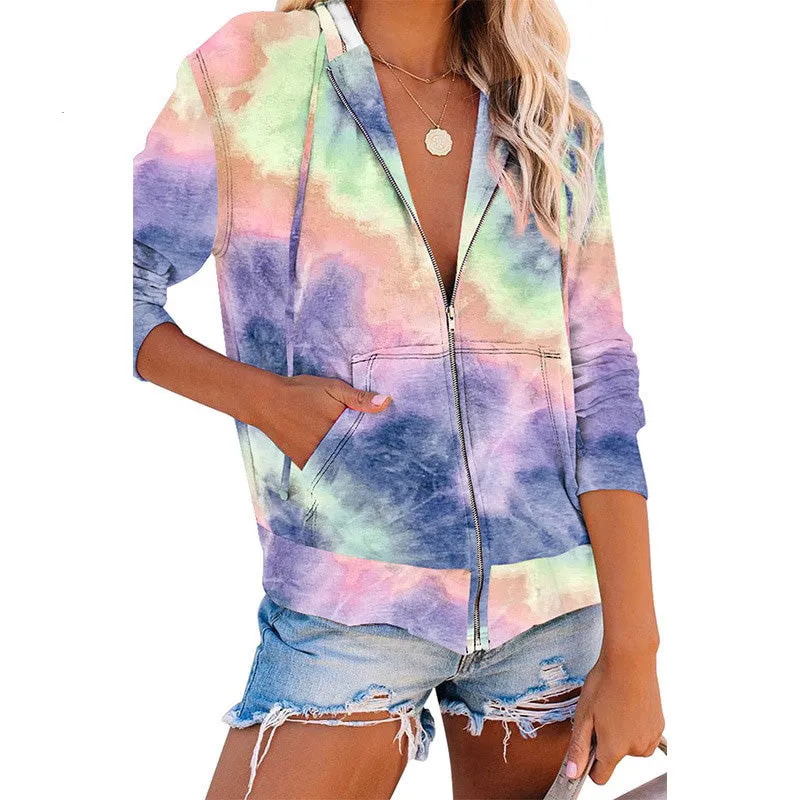 Ashore Shop Tie Dye Zip-up Hoodies Women Pockets Drawstring Hooded Coat Casual Rainbow Hoodie Women Long Sleeve Hoddies Top