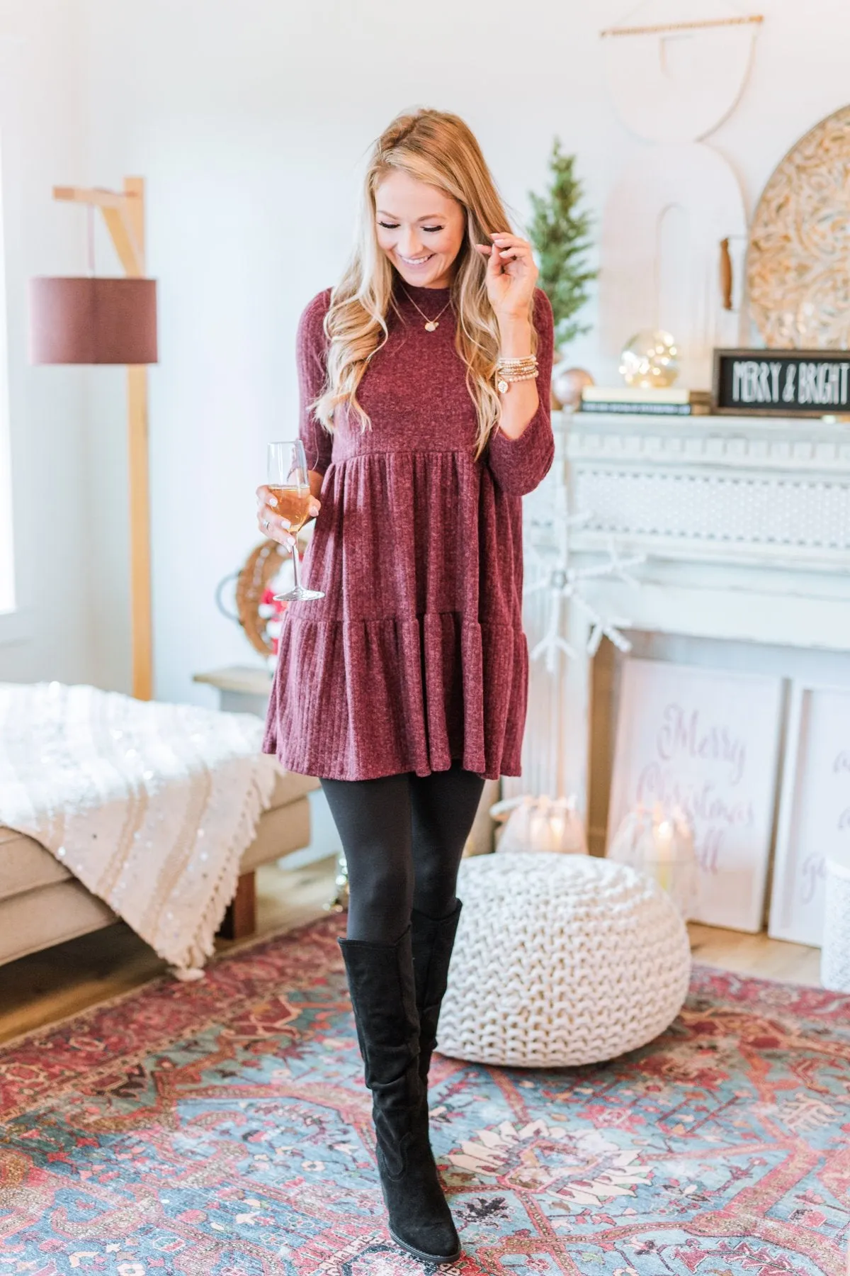 Best Wishes Babydoll Sweater Dress- Wine