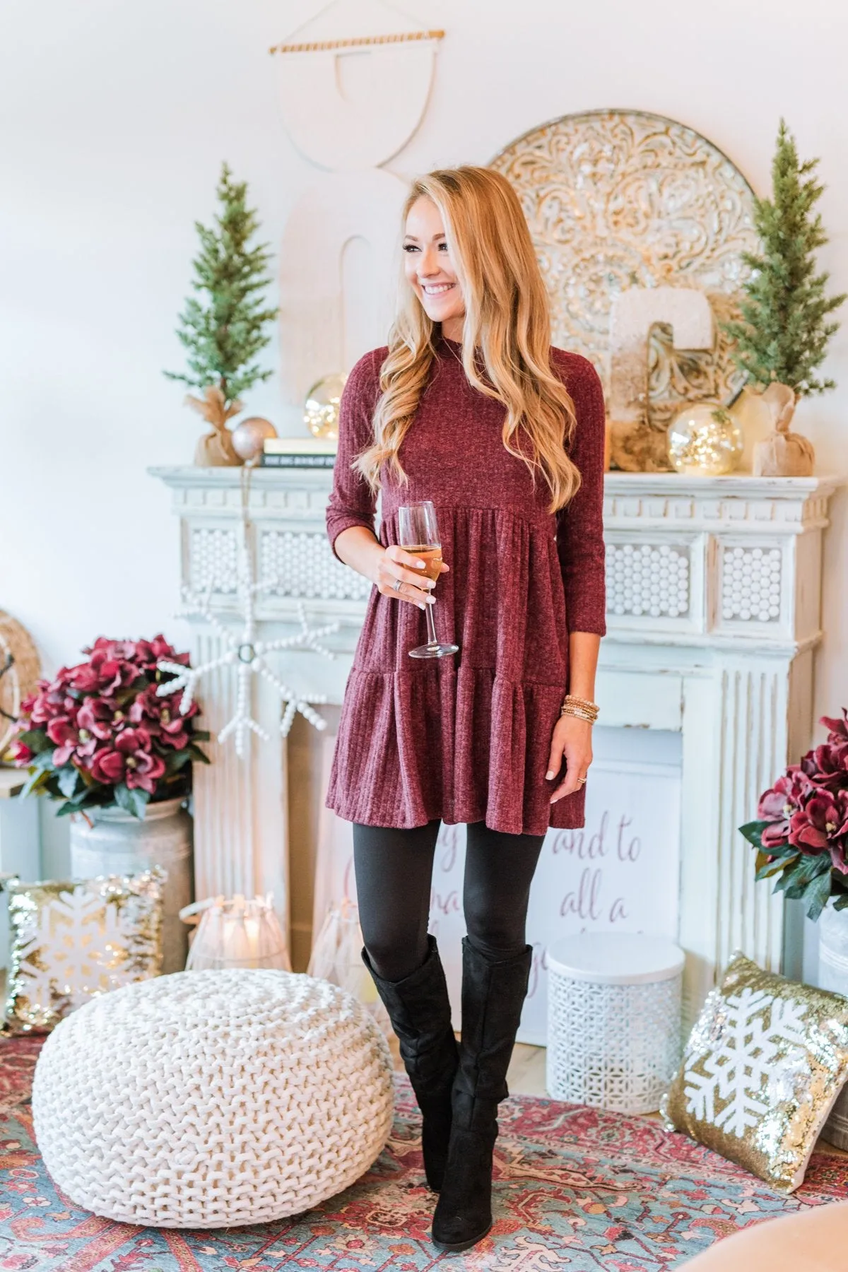 Best Wishes Babydoll Sweater Dress- Wine