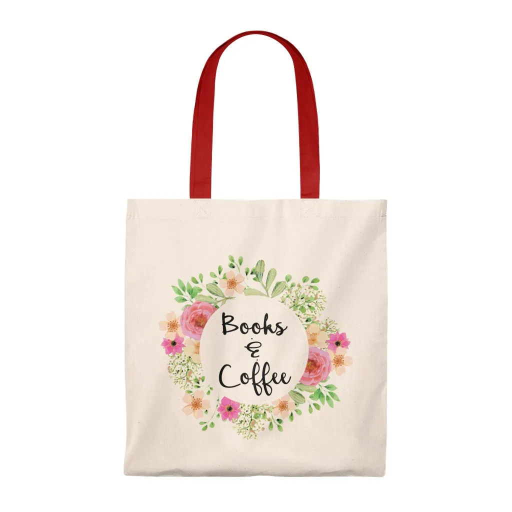 Books & Coffee Floral Canvas Tote Bag - Vintage style