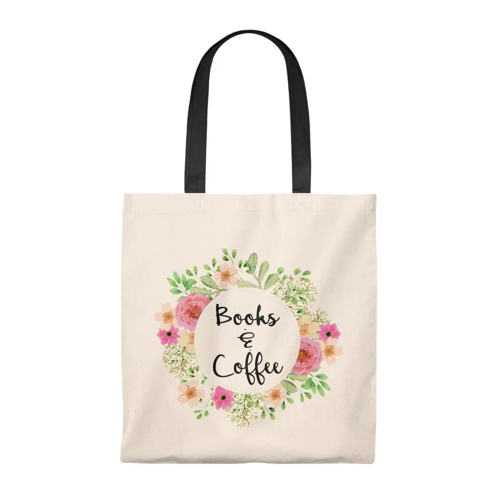 Books & Coffee Floral Canvas Tote Bag - Vintage style