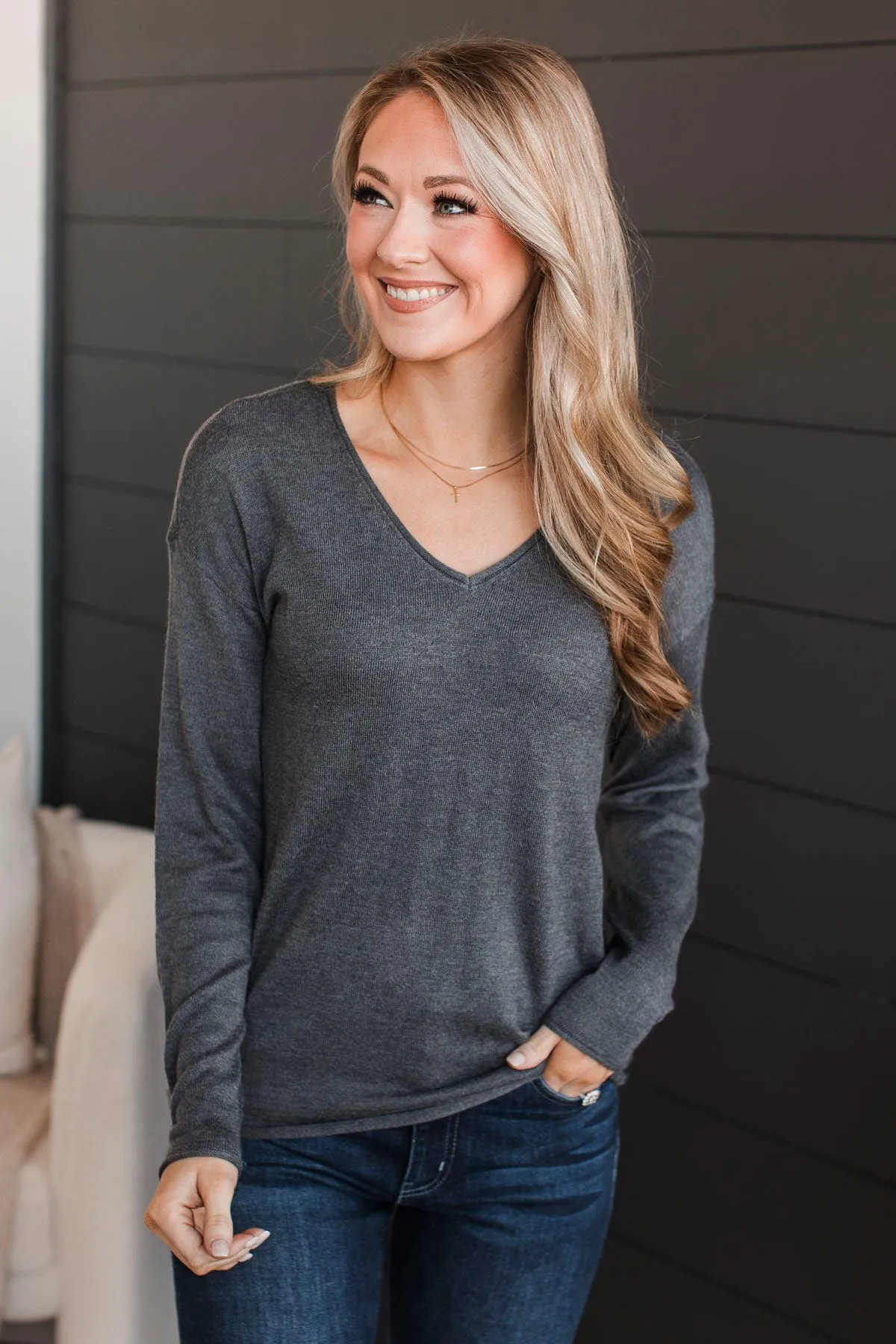 Catching Looks V-Neck Sweater- Charcoal