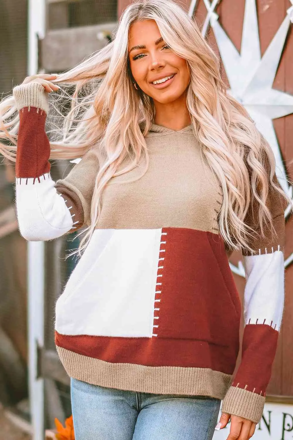 Color Block Long Sleeve Hooded Sweater