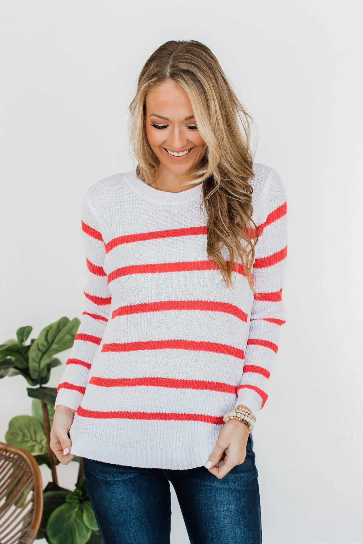 Cool Breezes Striped Sweater- Coral & Ivory