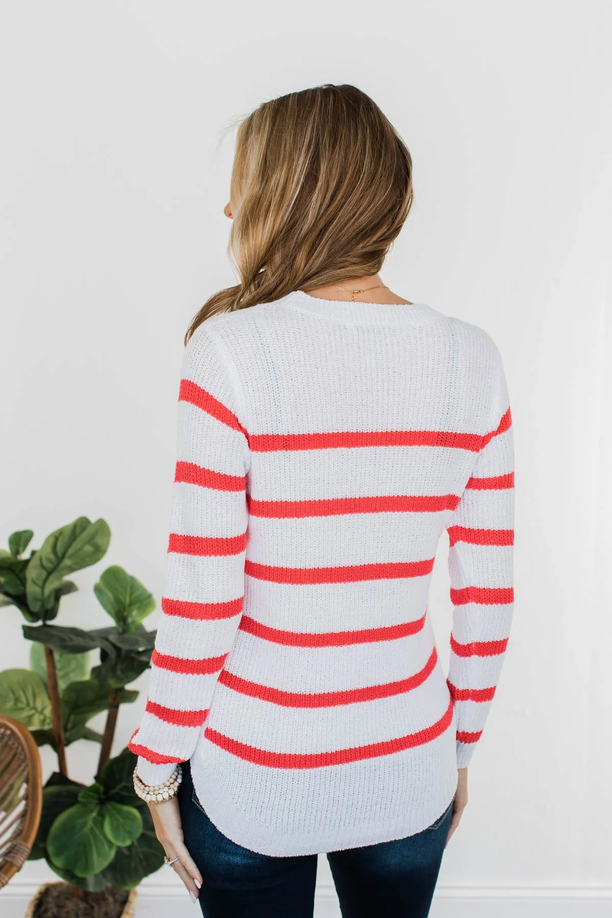 Cool Breezes Striped Sweater- Coral & Ivory