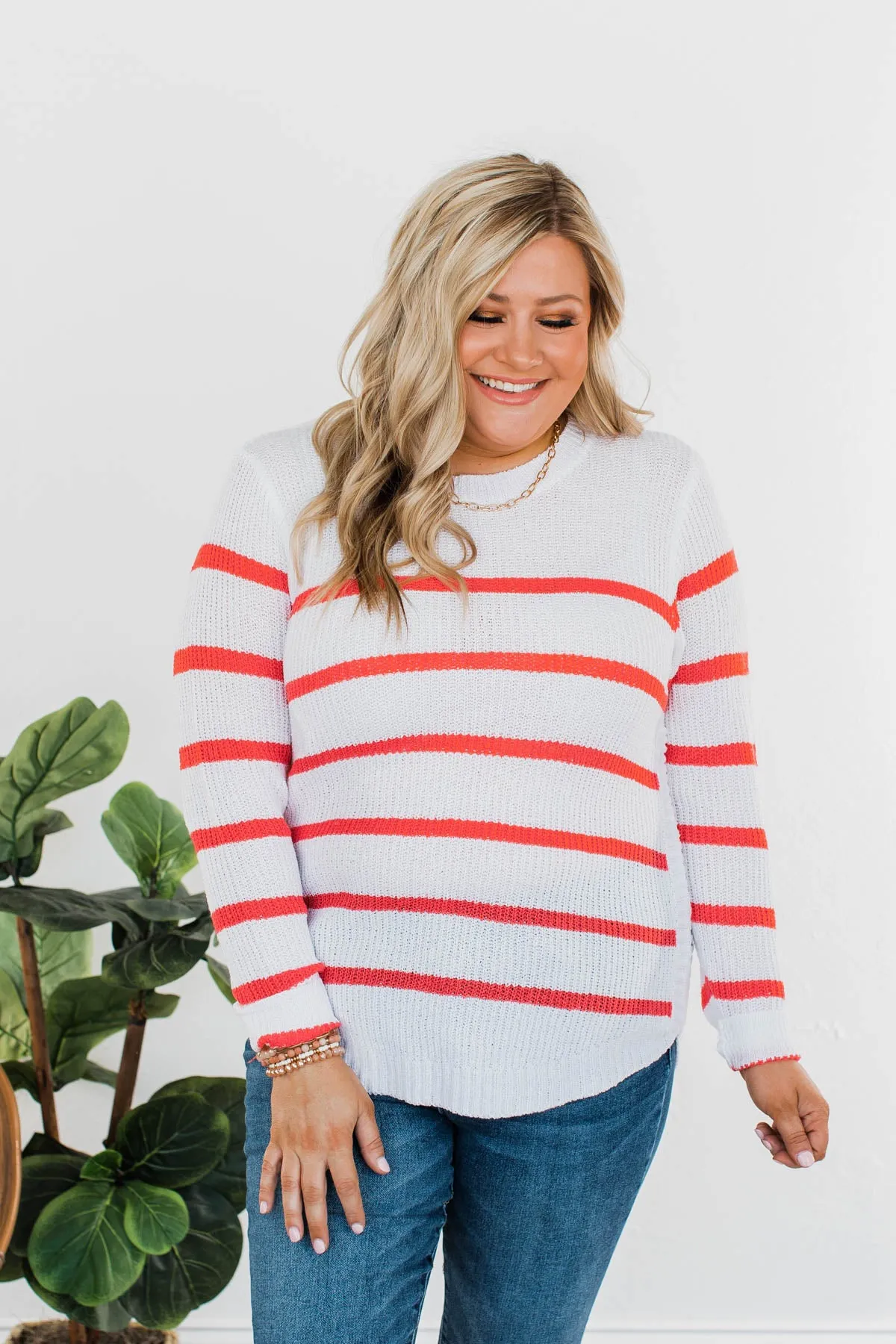 Cool Breezes Striped Sweater- Coral & Ivory