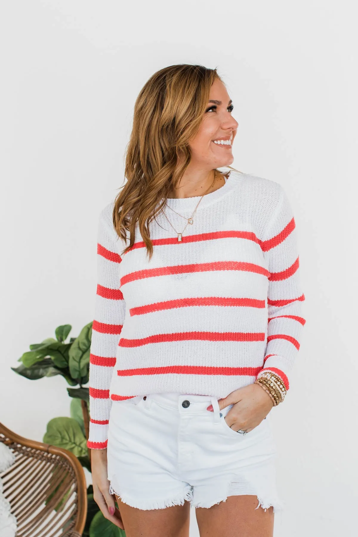 Cool Breezes Striped Sweater- Coral & Ivory