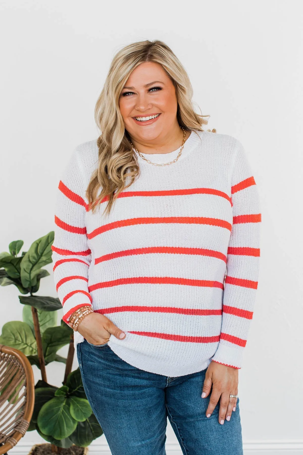 Cool Breezes Striped Sweater- Coral & Ivory