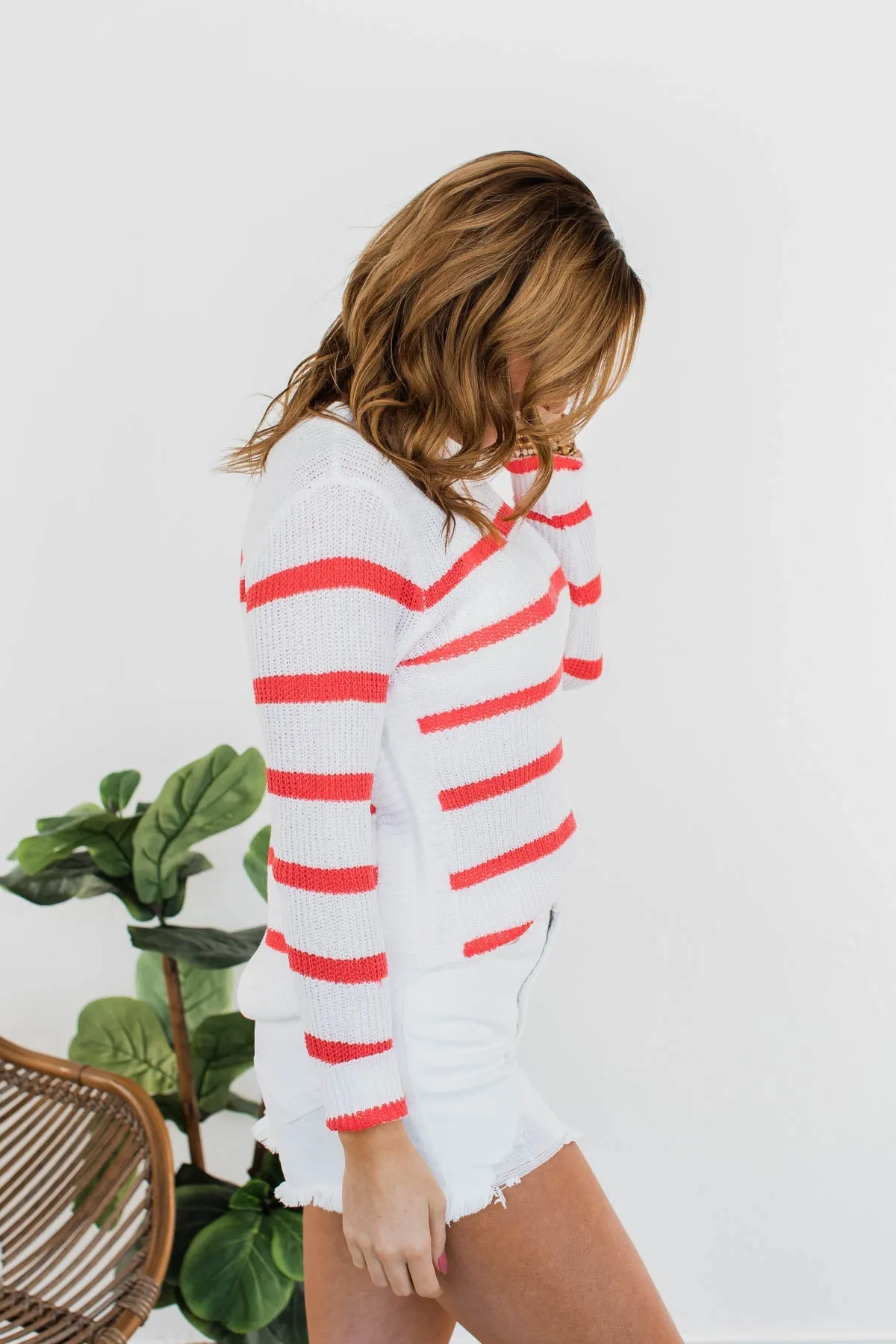 Cool Breezes Striped Sweater- Coral & Ivory