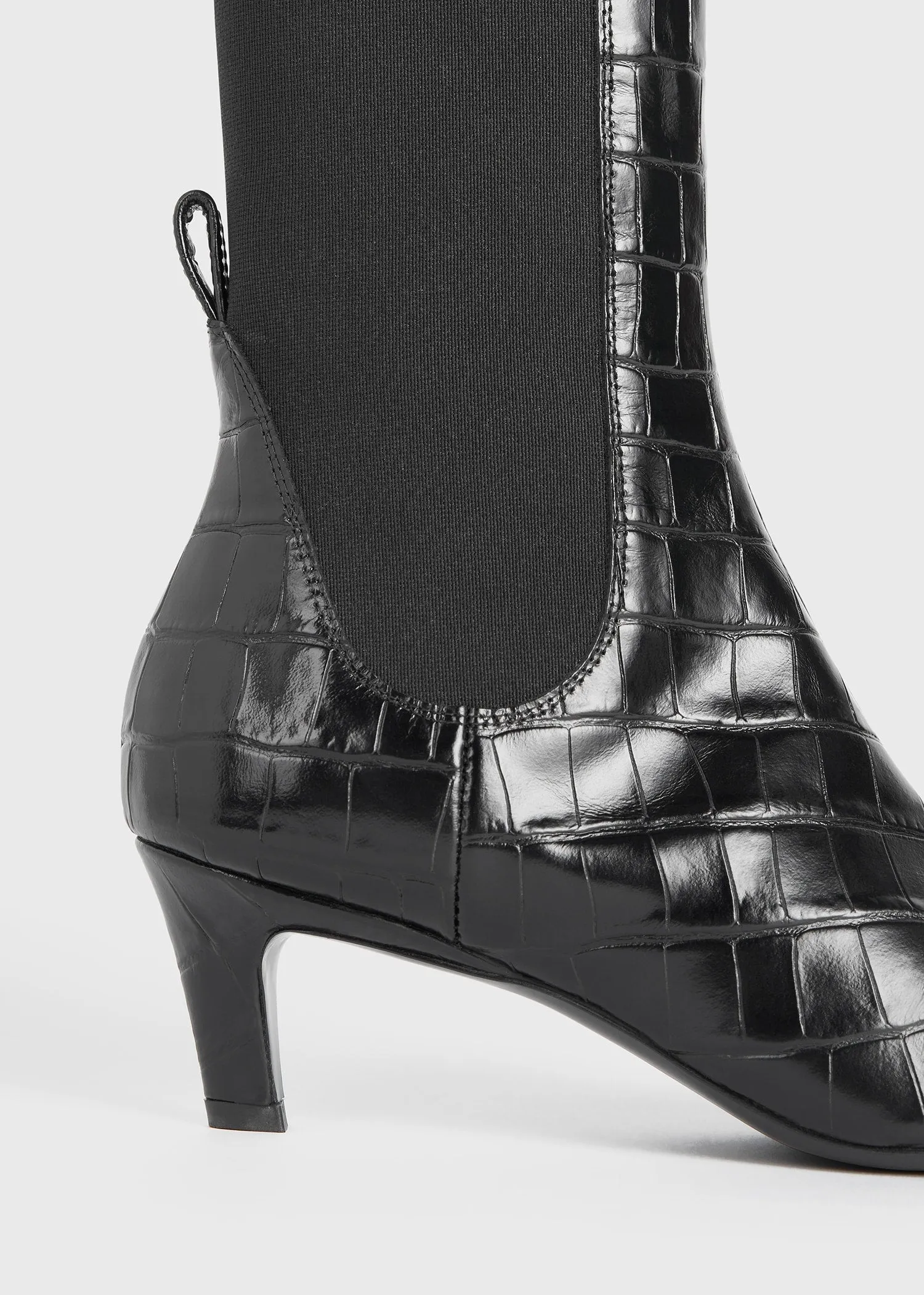 Croco-embossed mid-heel boots black