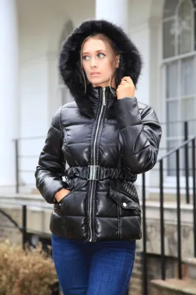 Double Second Black Vegan Leather Short Puffer