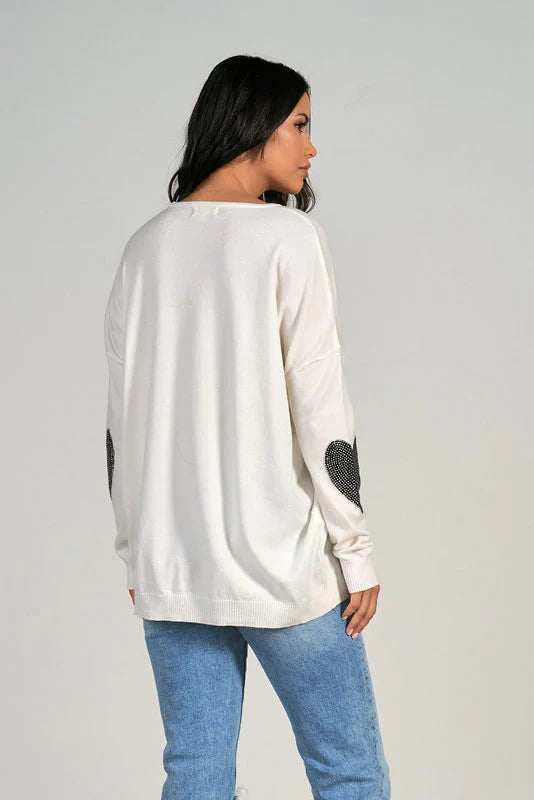 Elan Heart Elbow Tori Sweater - White