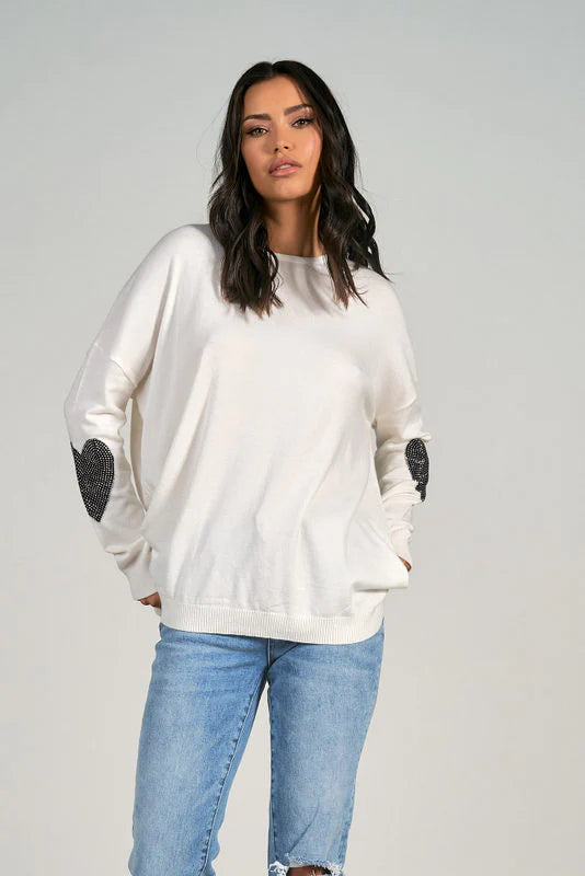 Elan Heart Elbow Tori Sweater - White