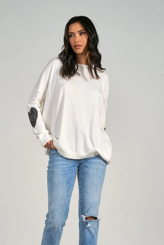 Elan Heart Elbow Tori Sweater - White