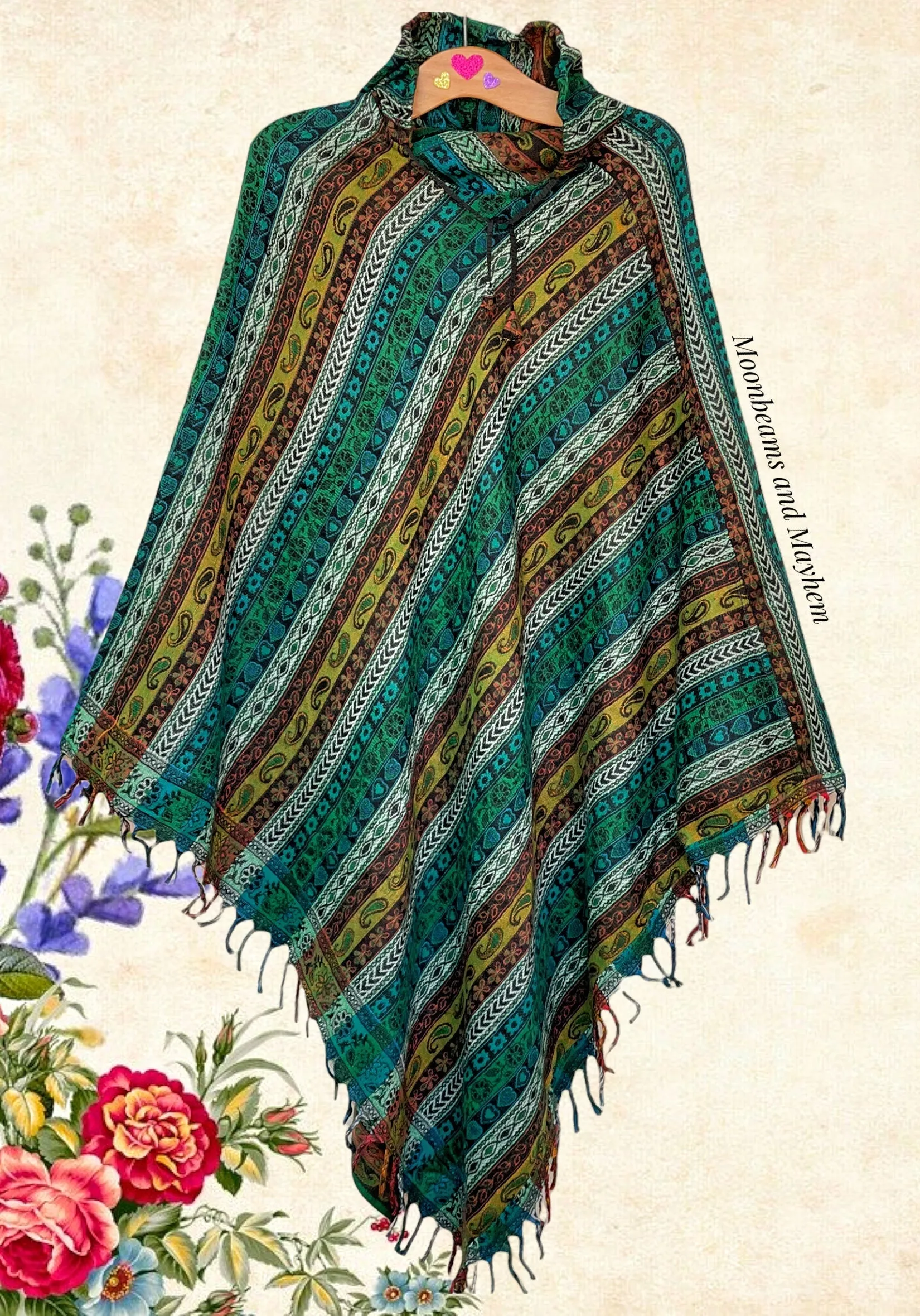 ENCHANTING GREEN BOHEMIAN HOODED PONCHO