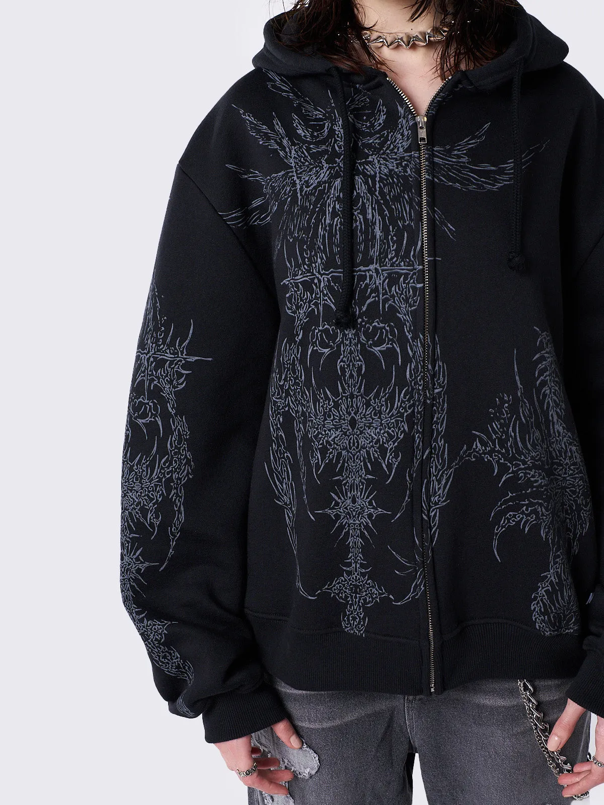 Enigmatic Black Oversized Zip Up Hoodie