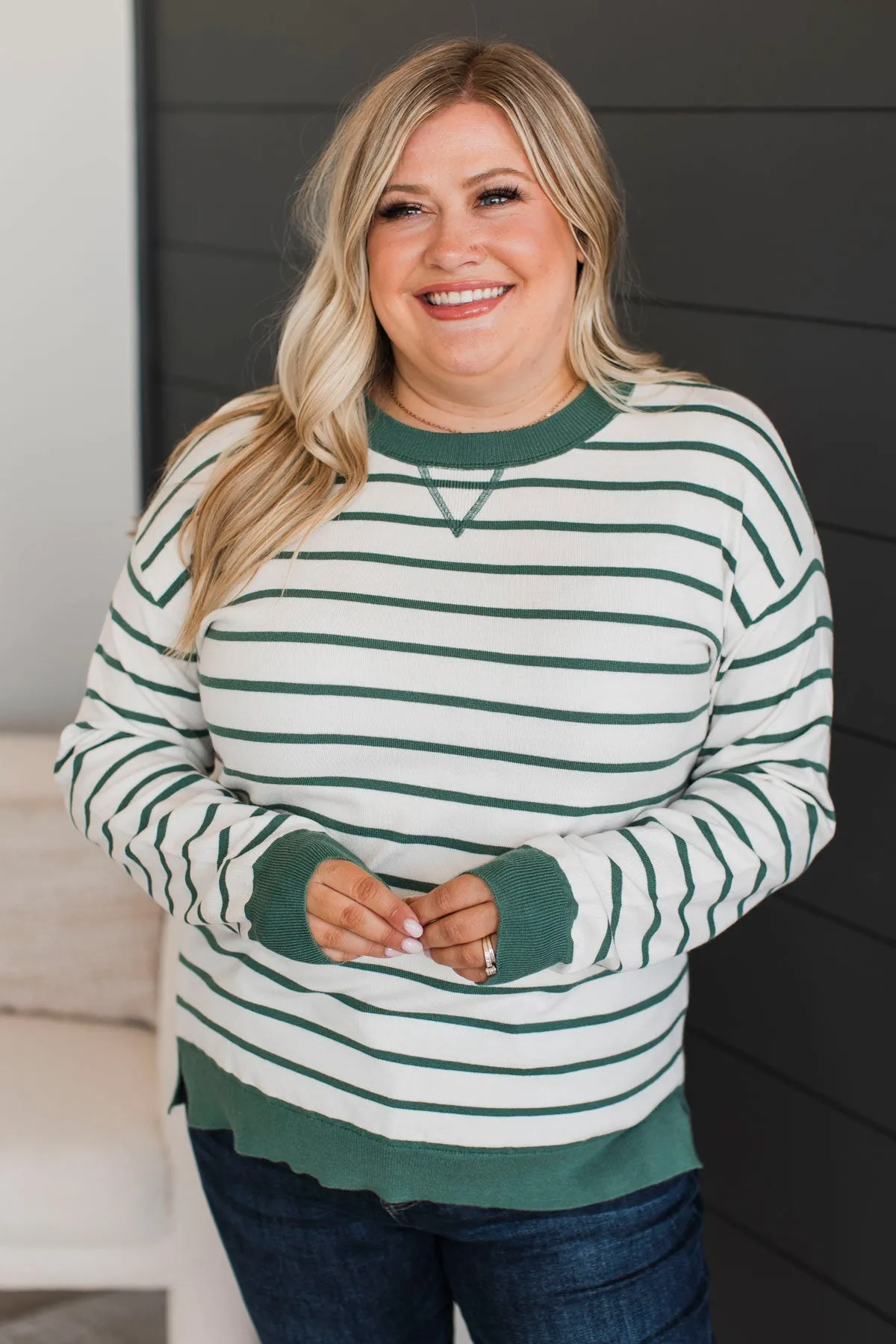 Favorite Moments Striped Sweater- White & Spruce