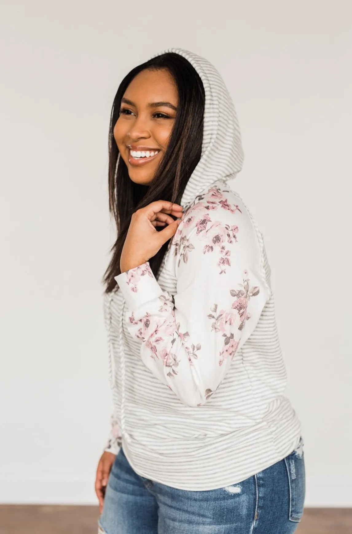 Golden Moments Drawstring Hoodie- Ivory & Grey