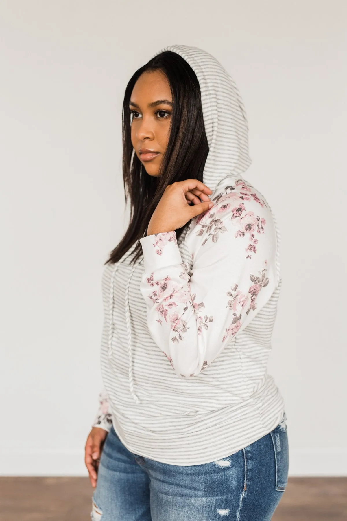 Golden Moments Drawstring Hoodie- Ivory & Grey