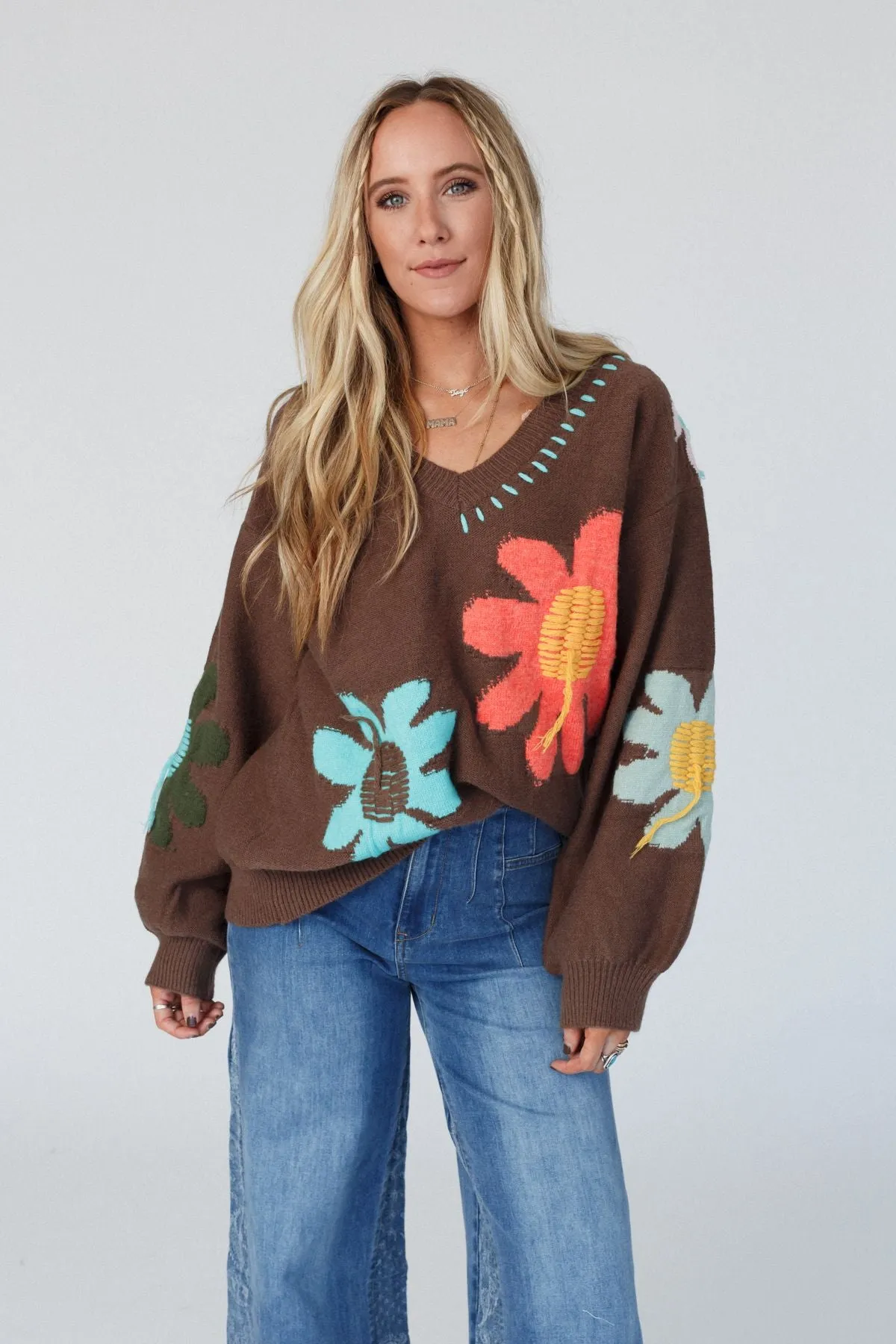 Good Mood Flower Print Sweater - Chocolate