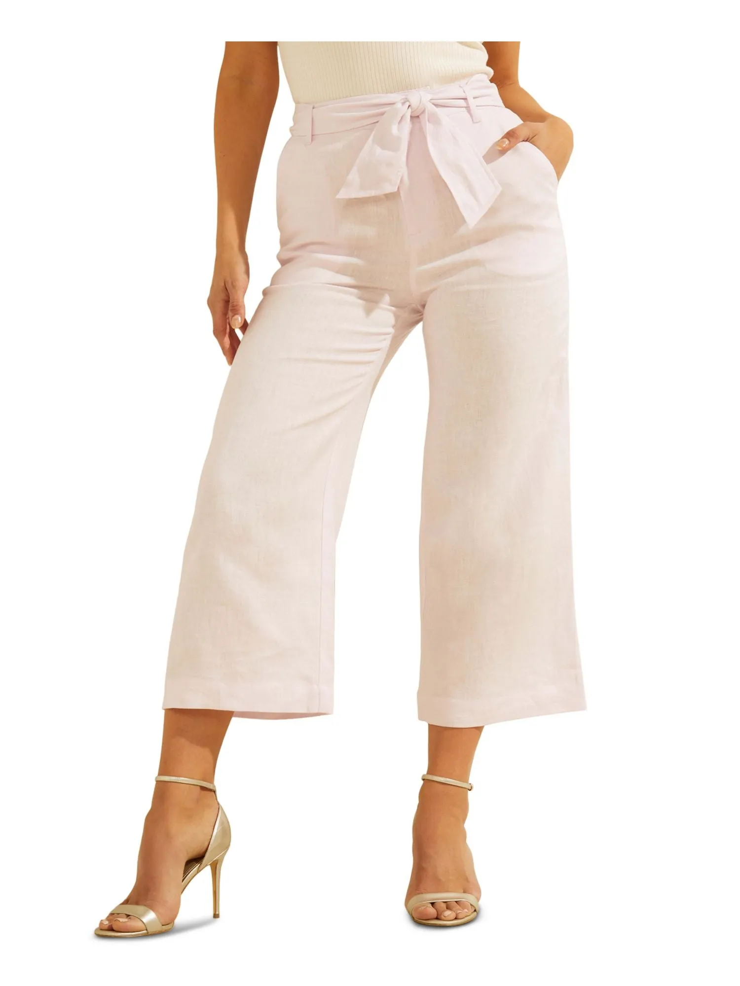 GUESS Womens Ivory Pocketed Belted Super-high Rise Culotte Wear To Work Wide Leg Pants