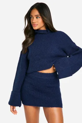 High Neck Oversized Crop Knitted Sweater And Micro Mini Skirt Set