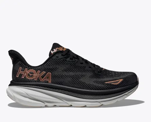 Hoka Women’s Clifton 9 Athletic Shoes-Black/Bronze **Wide Width**