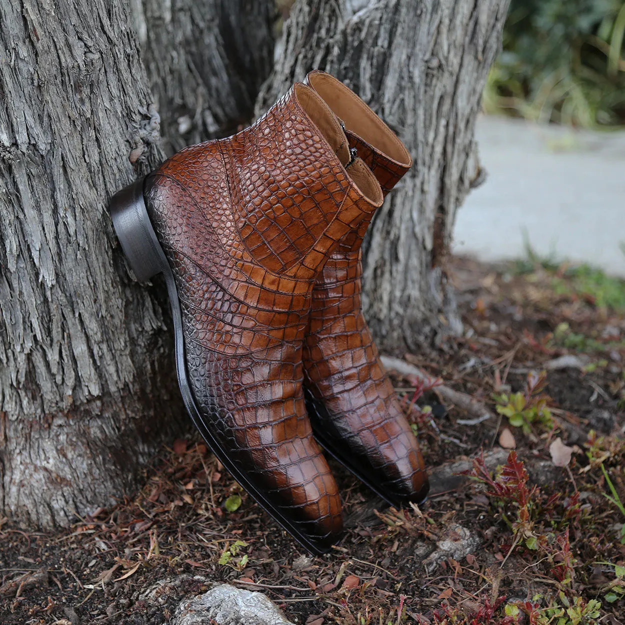 Jo Ghost 2727 BIS Men's Shoes Brown Crocodile Print Leather Ankle Boots (JG5369)