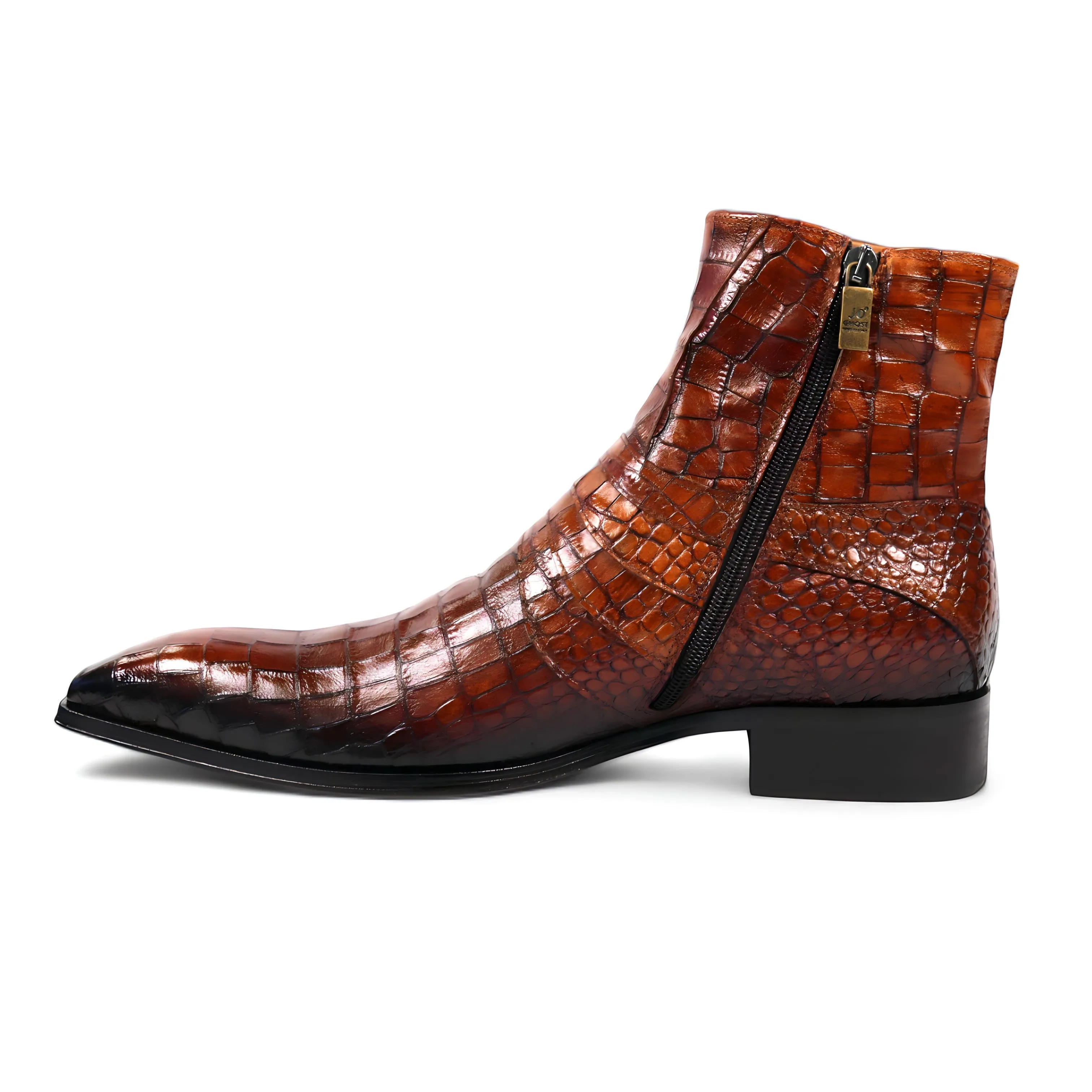 Jo Ghost 2727 BIS Men's Shoes Cognac Crocodile Print Leather Ankle Boots (JG5309)