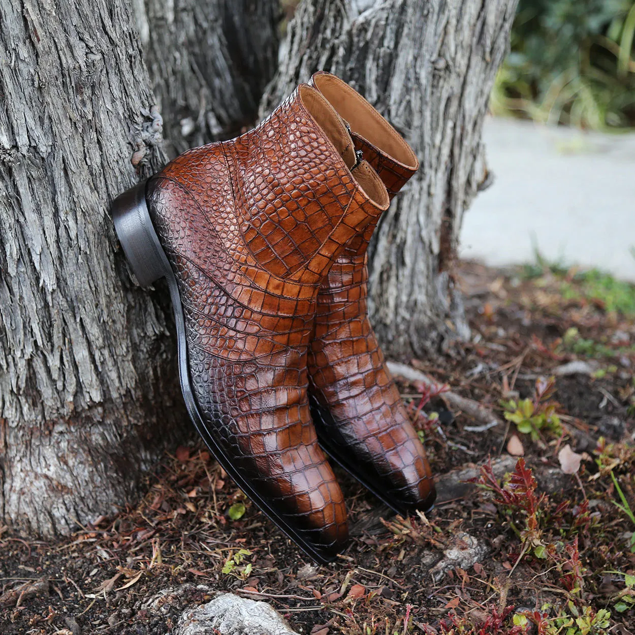 Jo Ghost 2727 BIS Men's Shoes Cognac Crocodile Print Leather Ankle Boots (JG5309)