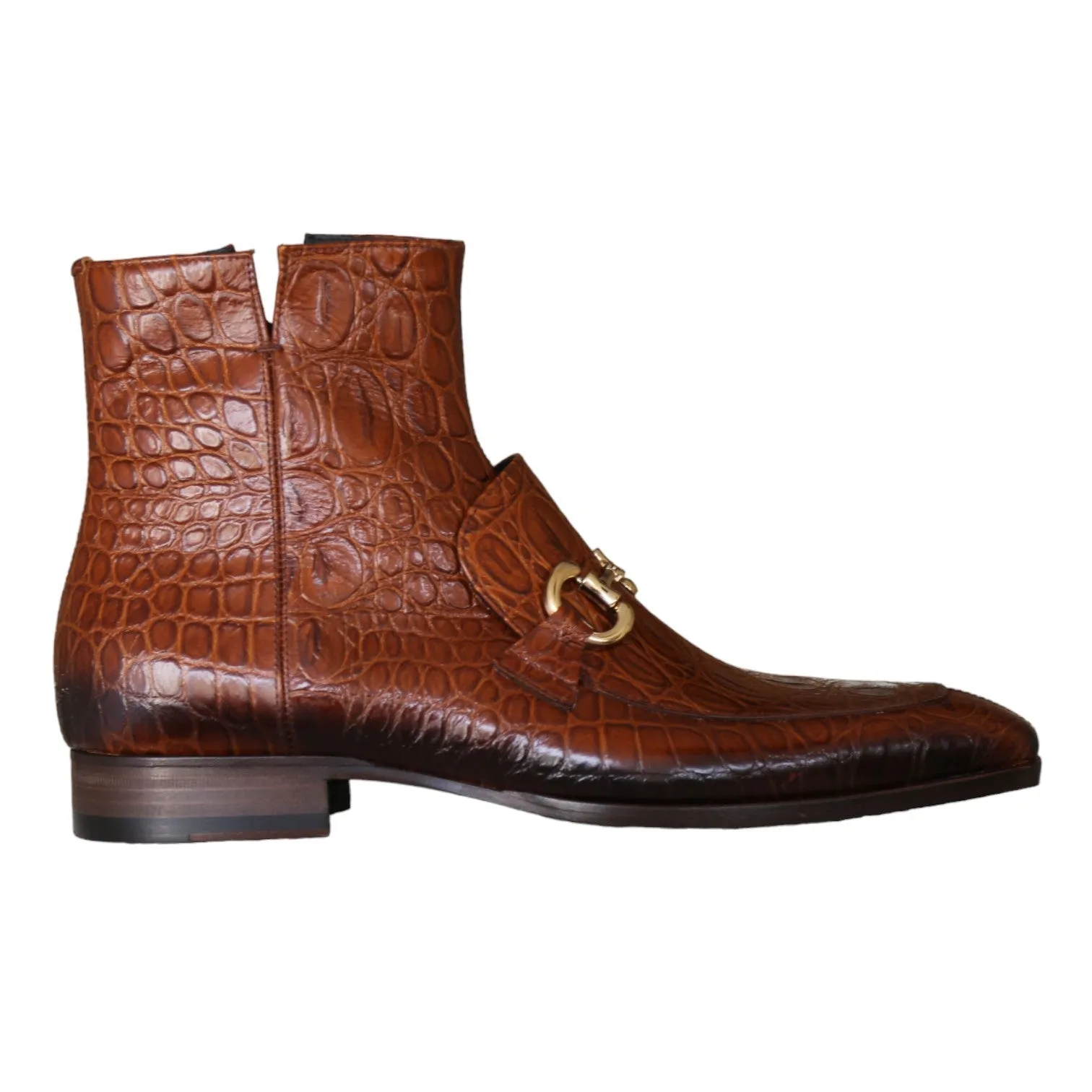 Jo Ghost 4970 Men's Shoes Cognac Crocodile Print Leather Horsebit Boots (JG5360)