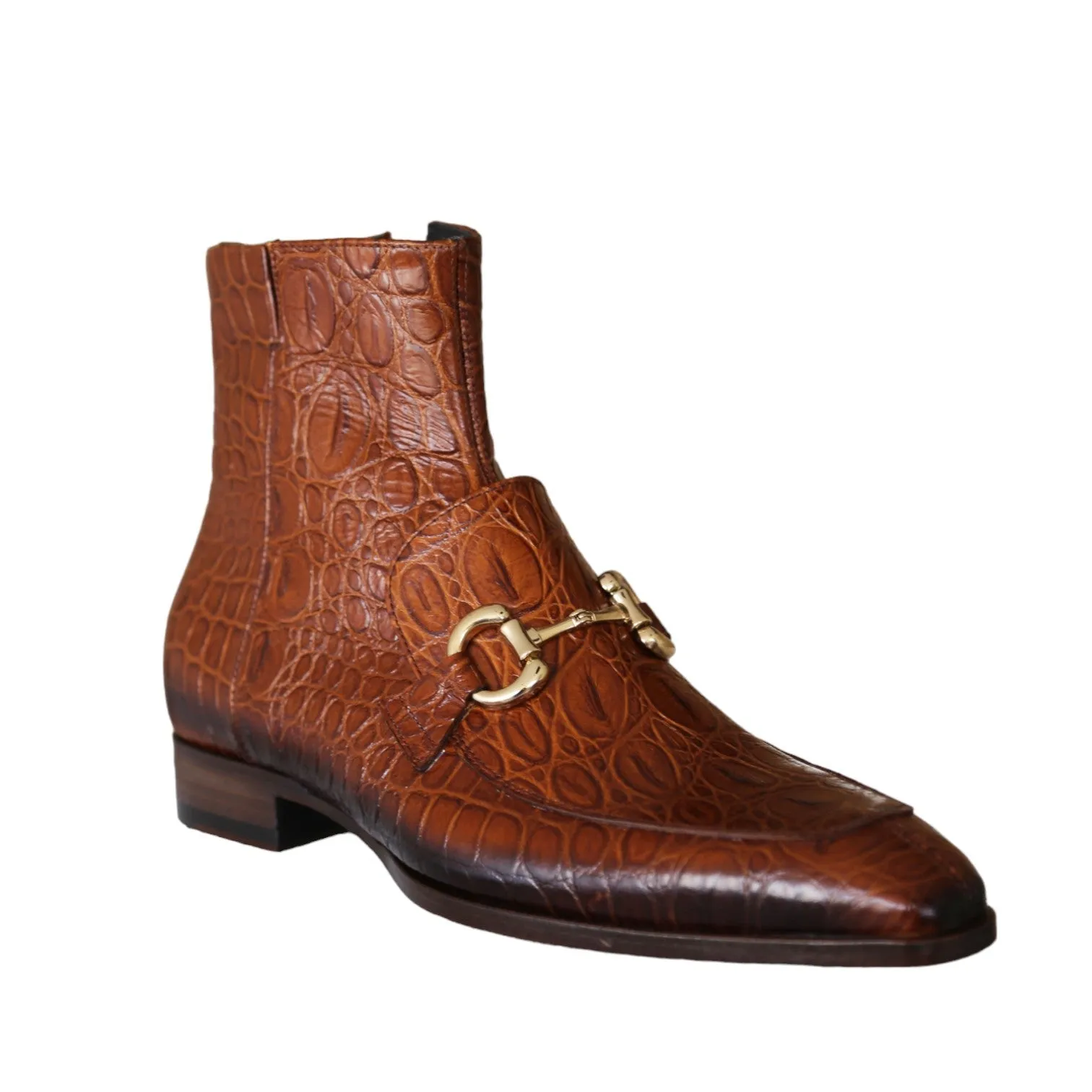 Jo Ghost 4970 Men's Shoes Cognac Crocodile Print Leather Horsebit Boots (JG5360)