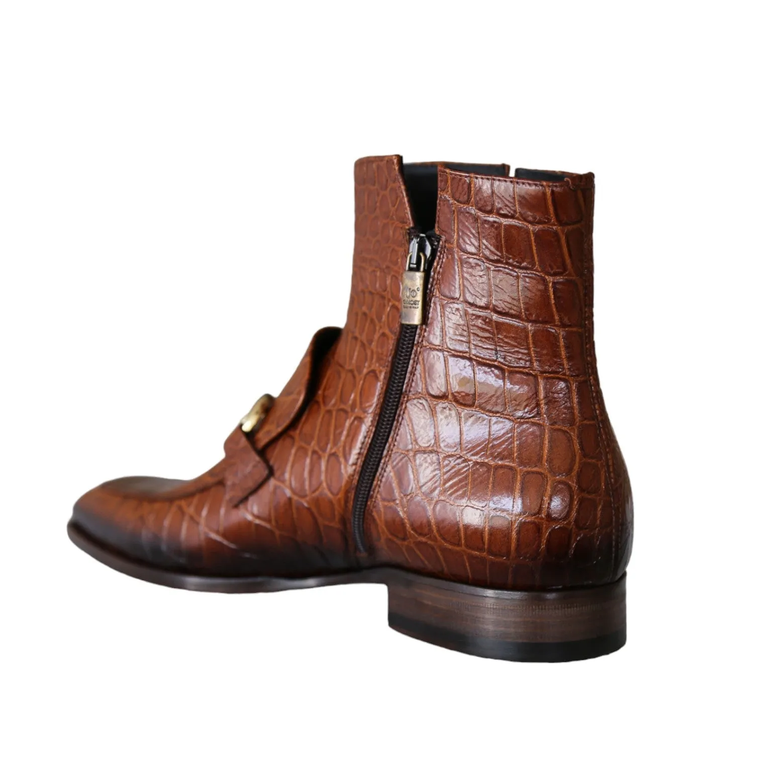 Jo Ghost 4970 Men's Shoes Cognac Crocodile Print Leather Horsebit Boots (JG5360)