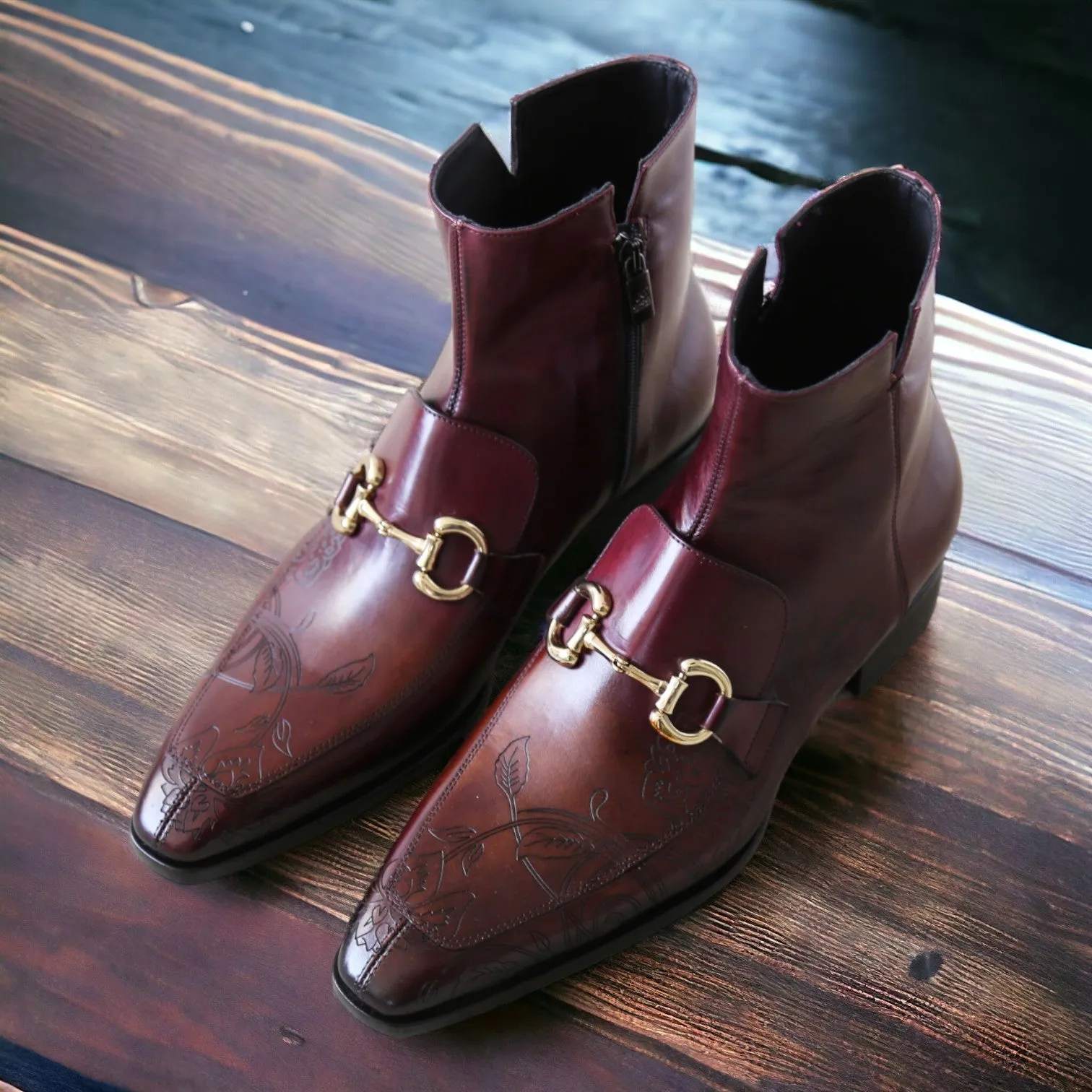 Jo Ghost 4971 Men's Shoes Burgundy Flower Print Leather Horsebit Boots (JG5361)