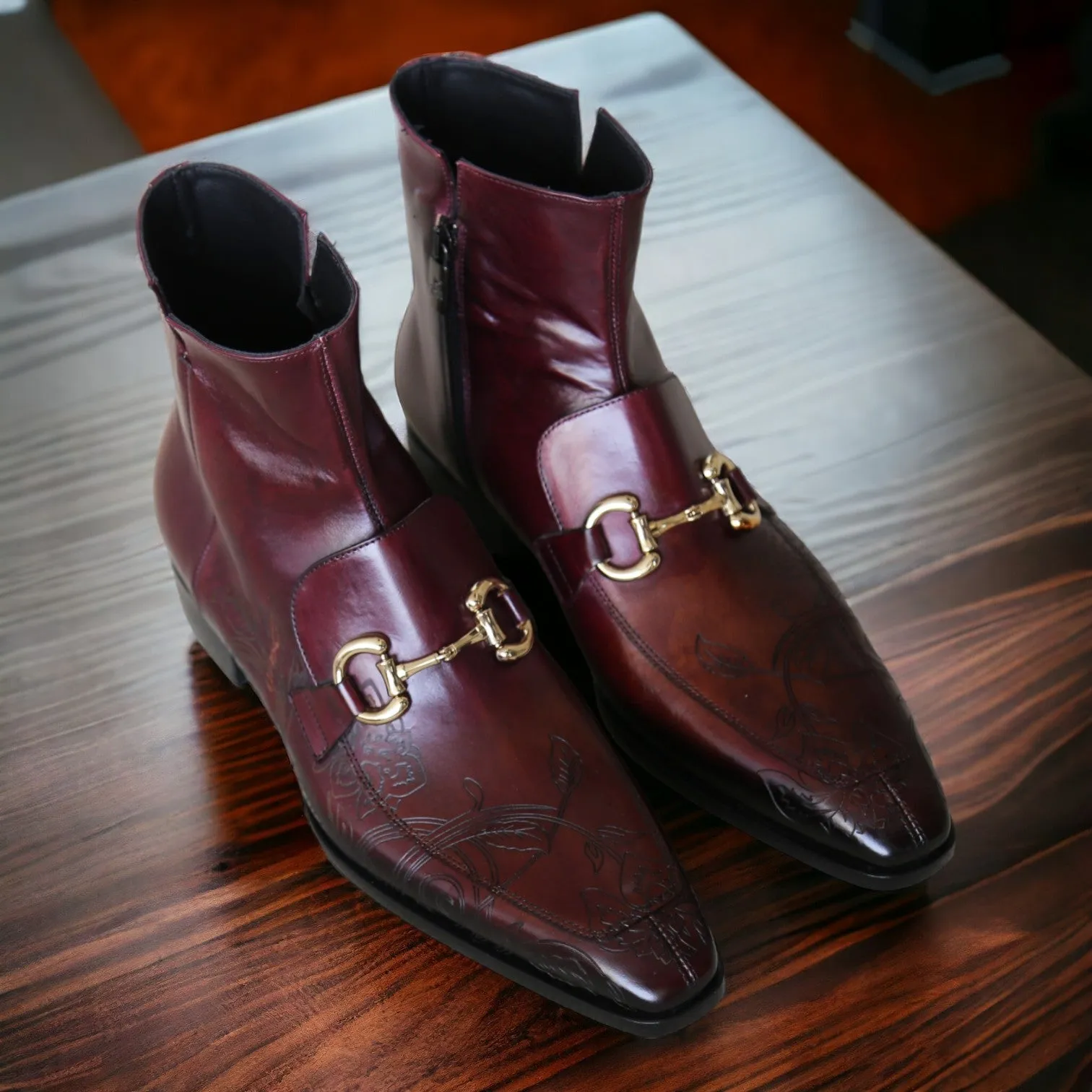 Jo Ghost 4971 Men's Shoes Burgundy Flower Print Leather Horsebit Boots (JG5361)